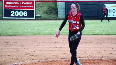 Youngstown State University pitcher Kayla Haslett threw complete game — allowing six hits and one run. With the win, Haslett’s record improved to 3-5. She also started the first game of the double header — she finished with a no decision. Photo by Dan Hiner/ The Jambar.